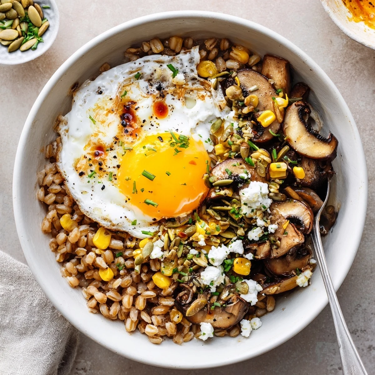 Savory Mushroom and Sweet Corn Farro Breakfast Bowl topped with runny egg