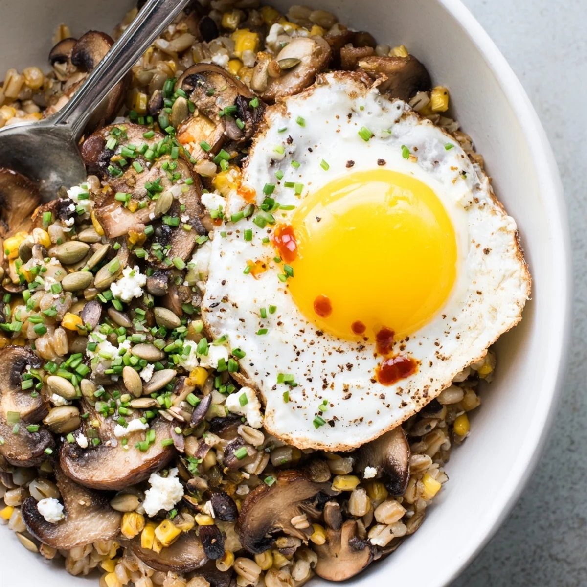 Rustic Savory Mushroom and Sweet Corn Farro Breakfast Bowl fragrant with garlic and chives