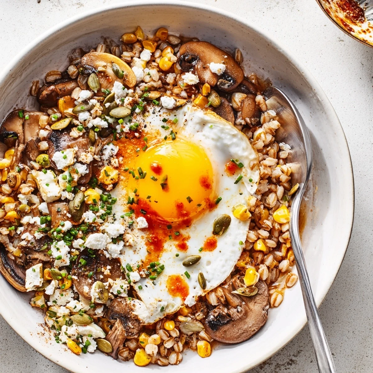Warm Savory Mushroom and Sweet Corn Farro Breakfast Bowl served with crumbled feta