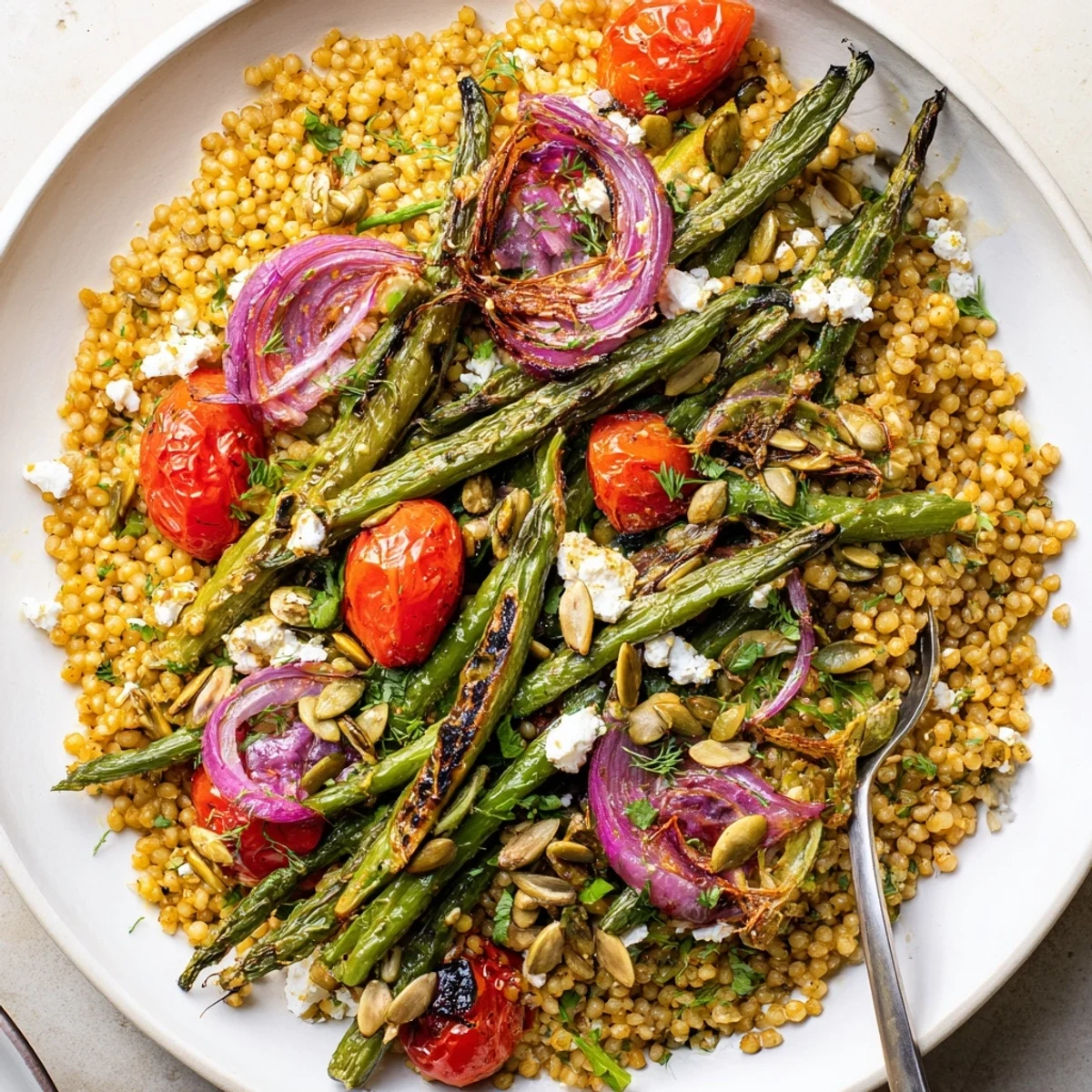 Warm Millet and Roasted Green Bean Salad steaming in bowl, lemon-herb dressing glistening