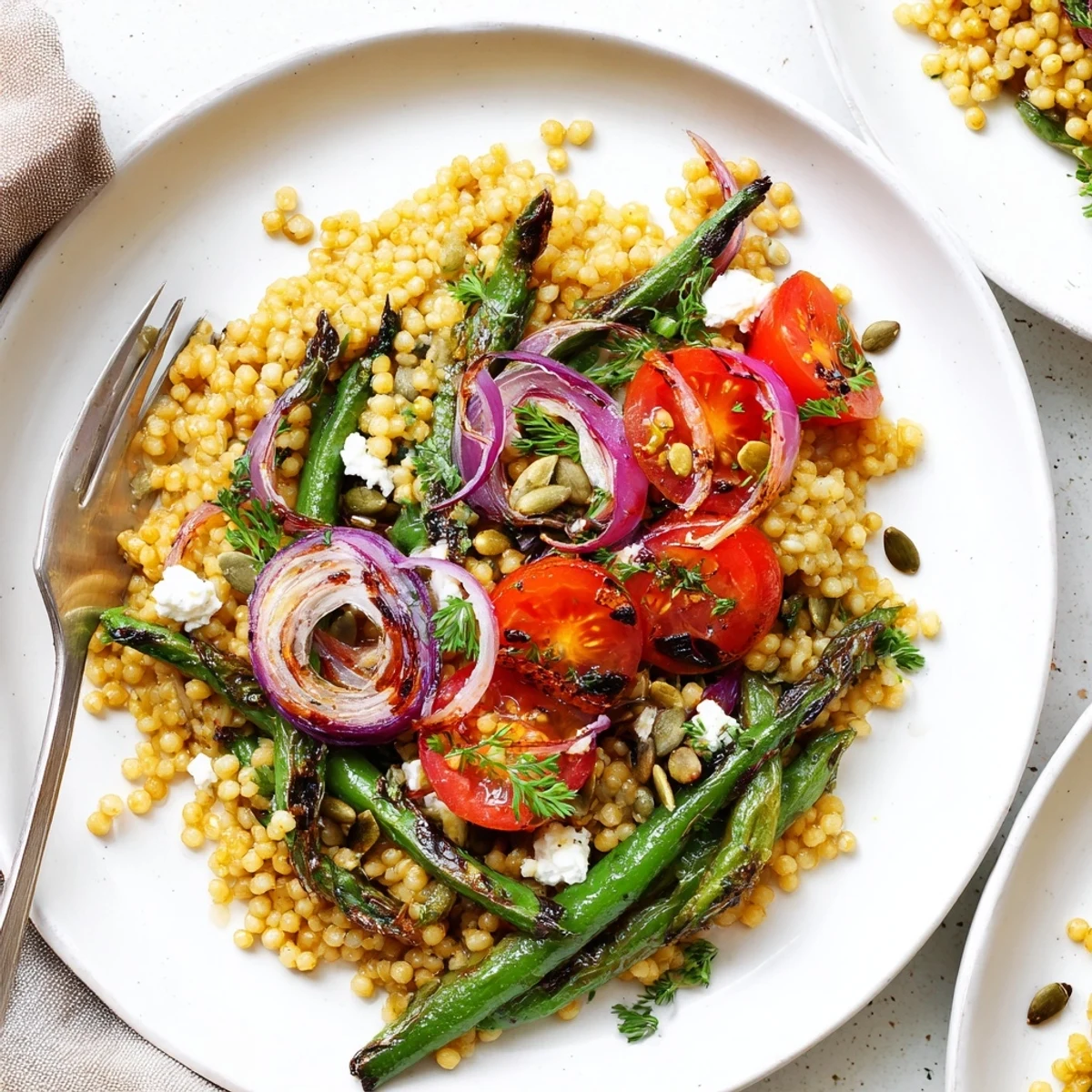 Bright Warm Millet and Roasted Green Bean Salad crowned with toasted pumpkin seeds
