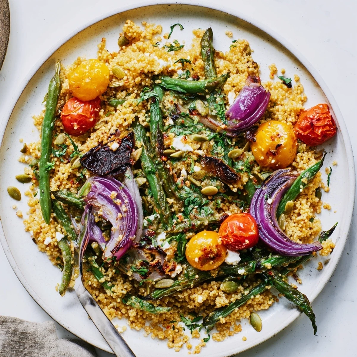 A hearty serving of Warm Millet and Roasted Green Bean Salad, nutty millet visible