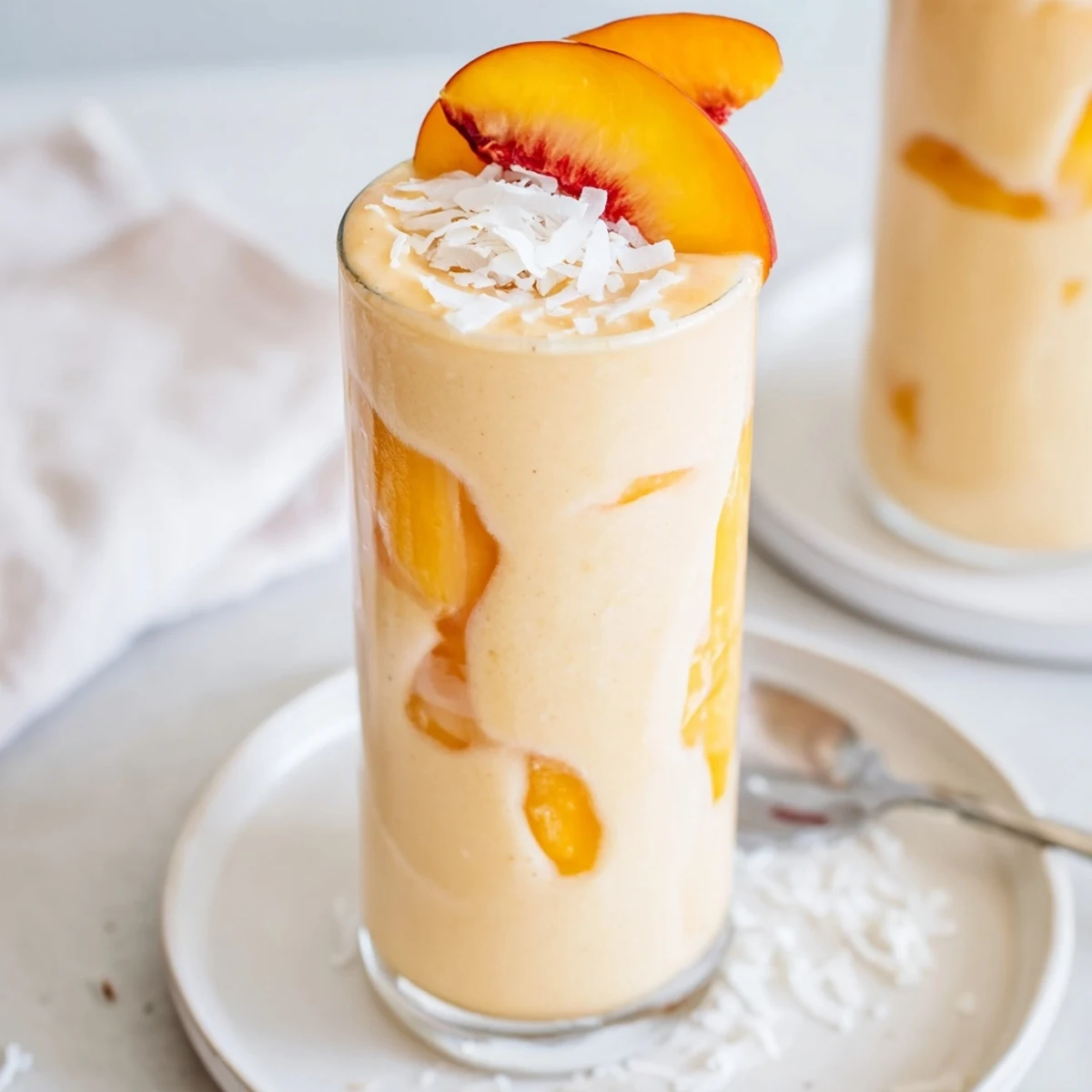 Peach Banana Coconut Smoothie in chilled glasses, creamy, tropical, topped with coconut.