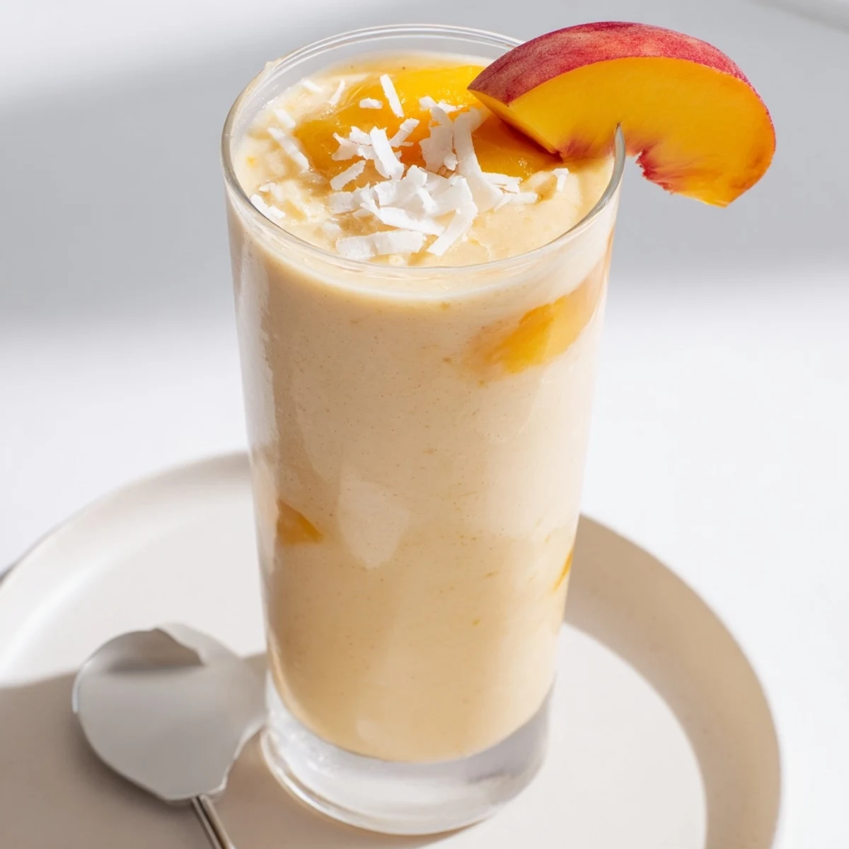 Peach Banana Coconut Smoothie poured into a mason jar, garnished with shredded coconut.