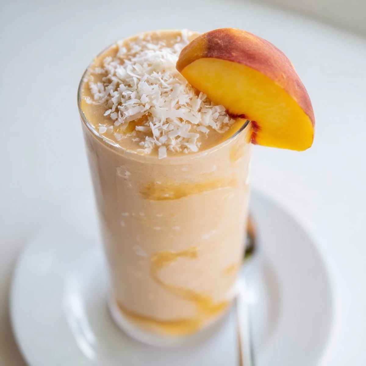 Chilled, silky Peach Banana Coconut Smoothie with bright peach aroma and citrus.