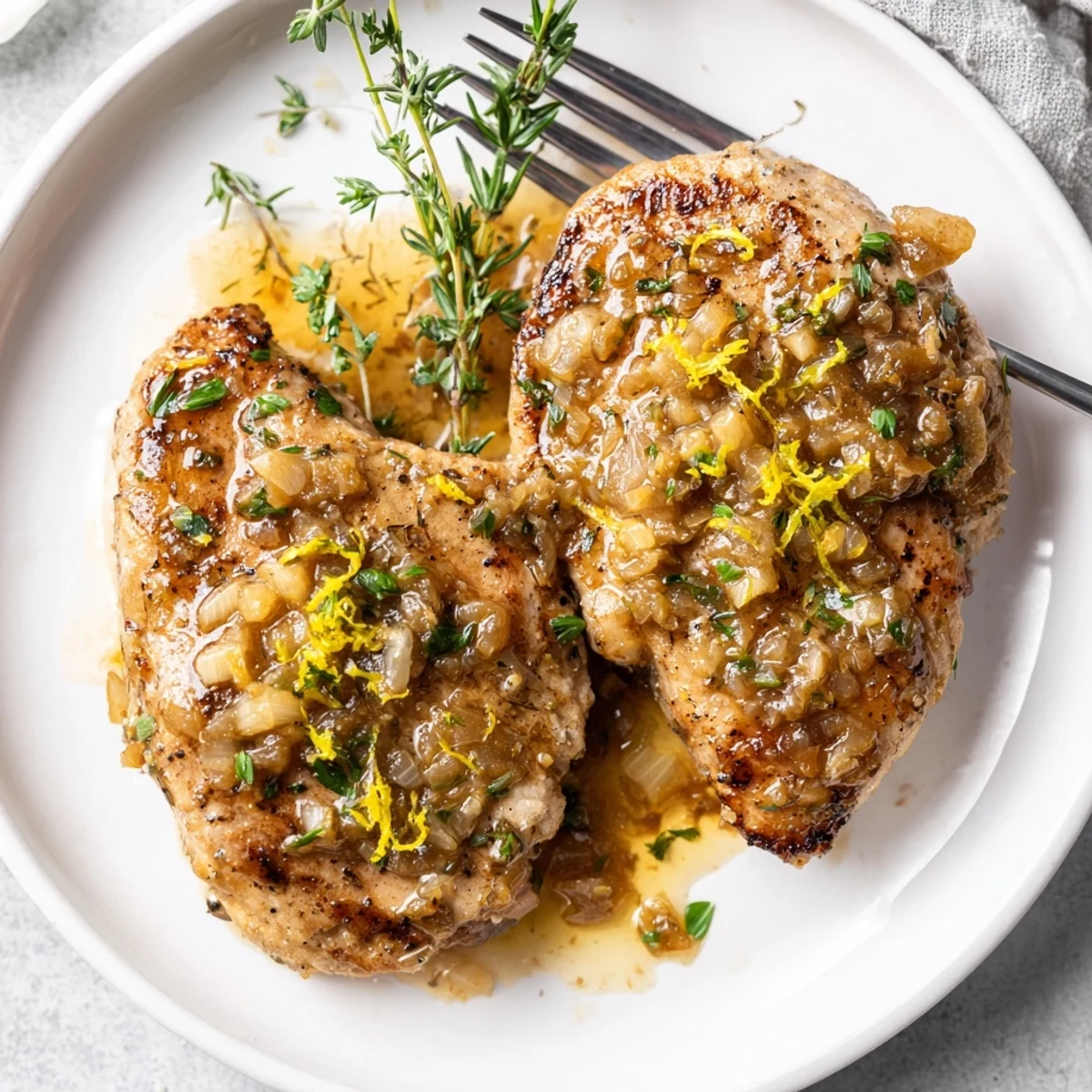 Lemon Garlic Herb Chicken Skillet sizzling in pan, glossy lemon butter sauce.