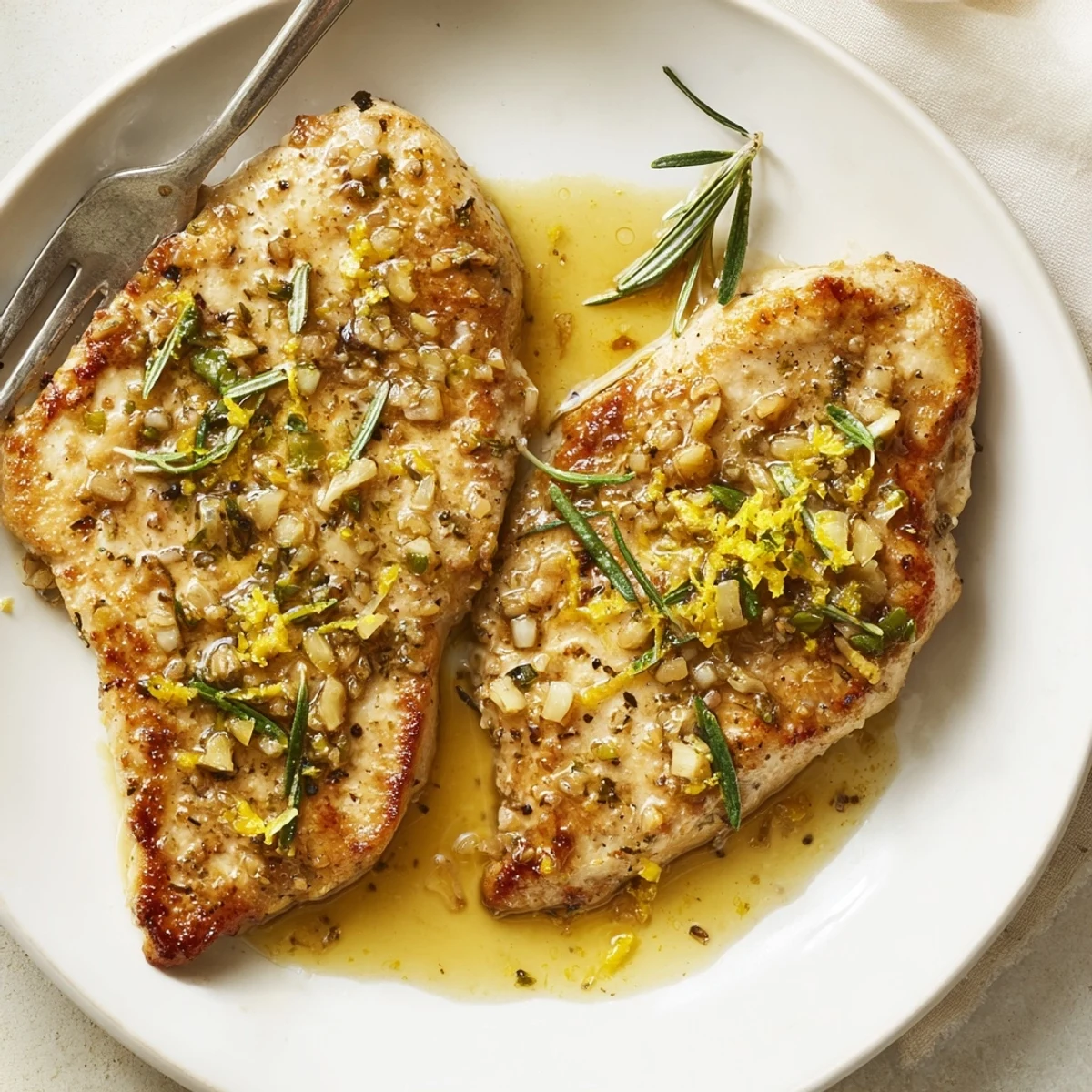 Pan roasted Lemon Garlic Herb Chicken Skillet garnished with parsley, steaming and fragrant.