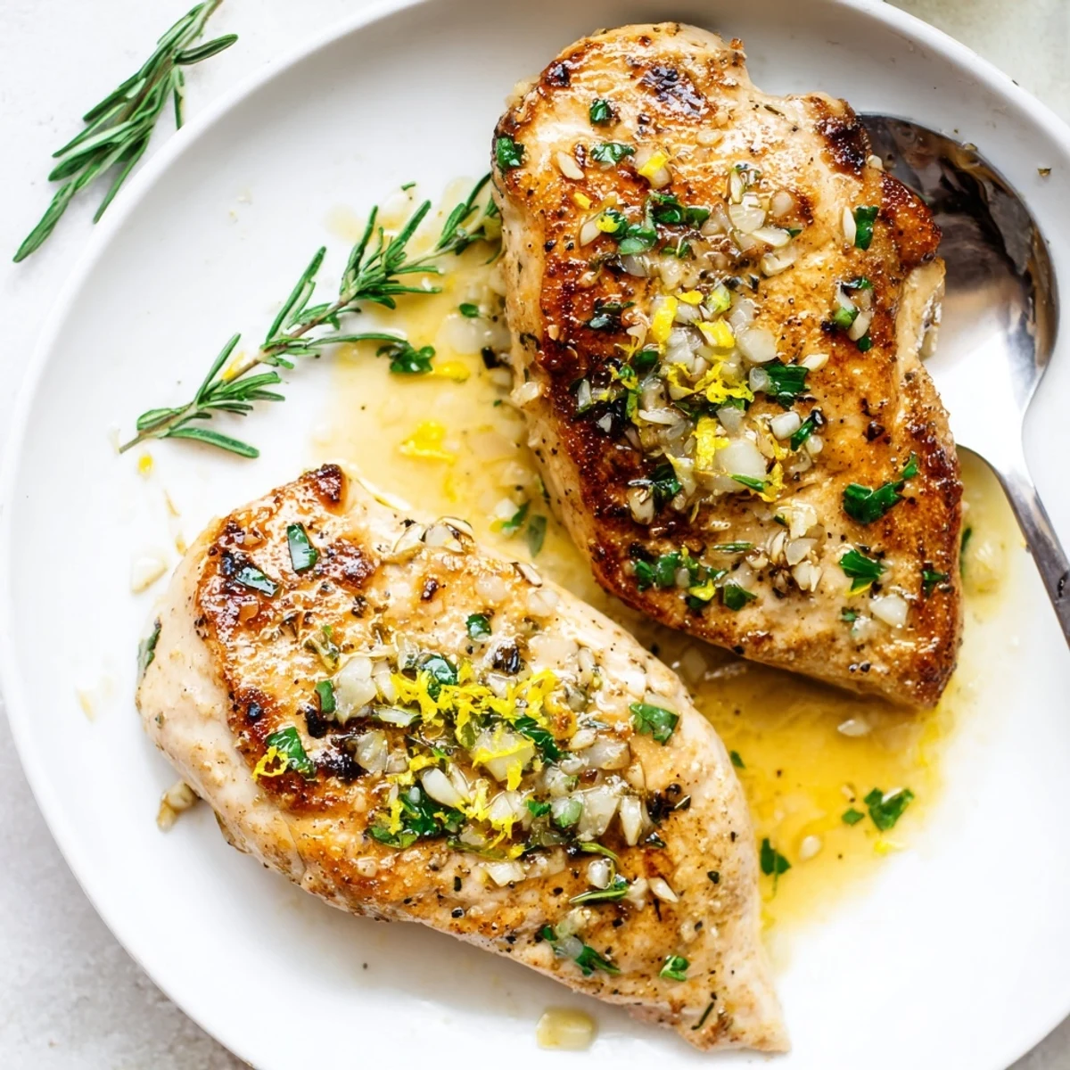 Family style Lemon Garlic Herb Chicken Skillet spooned over roasted potatoes, bright citrus aroma.