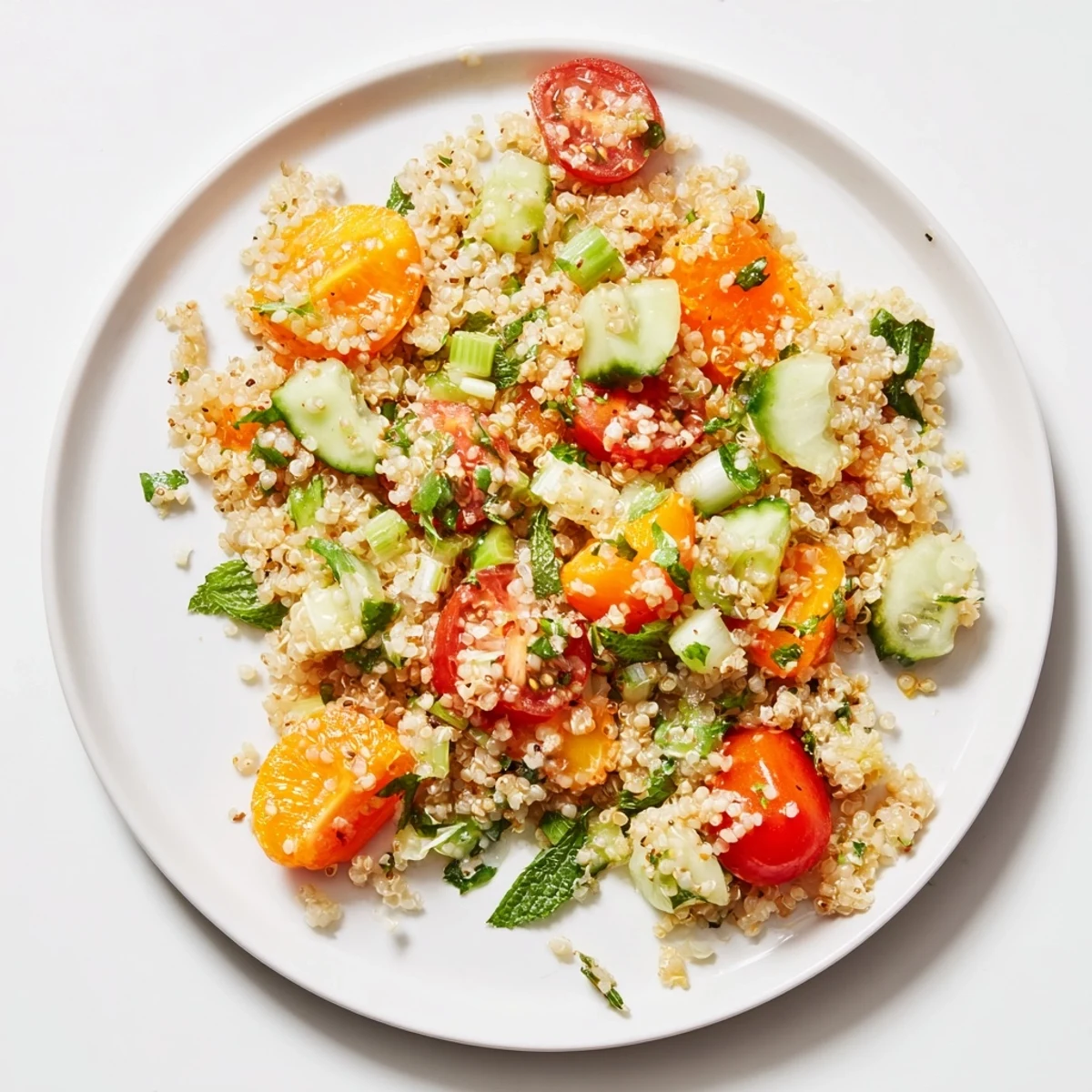 Citrus Herb Quinoa and Tomato Salad piled in bowl, zesty, herb scented  