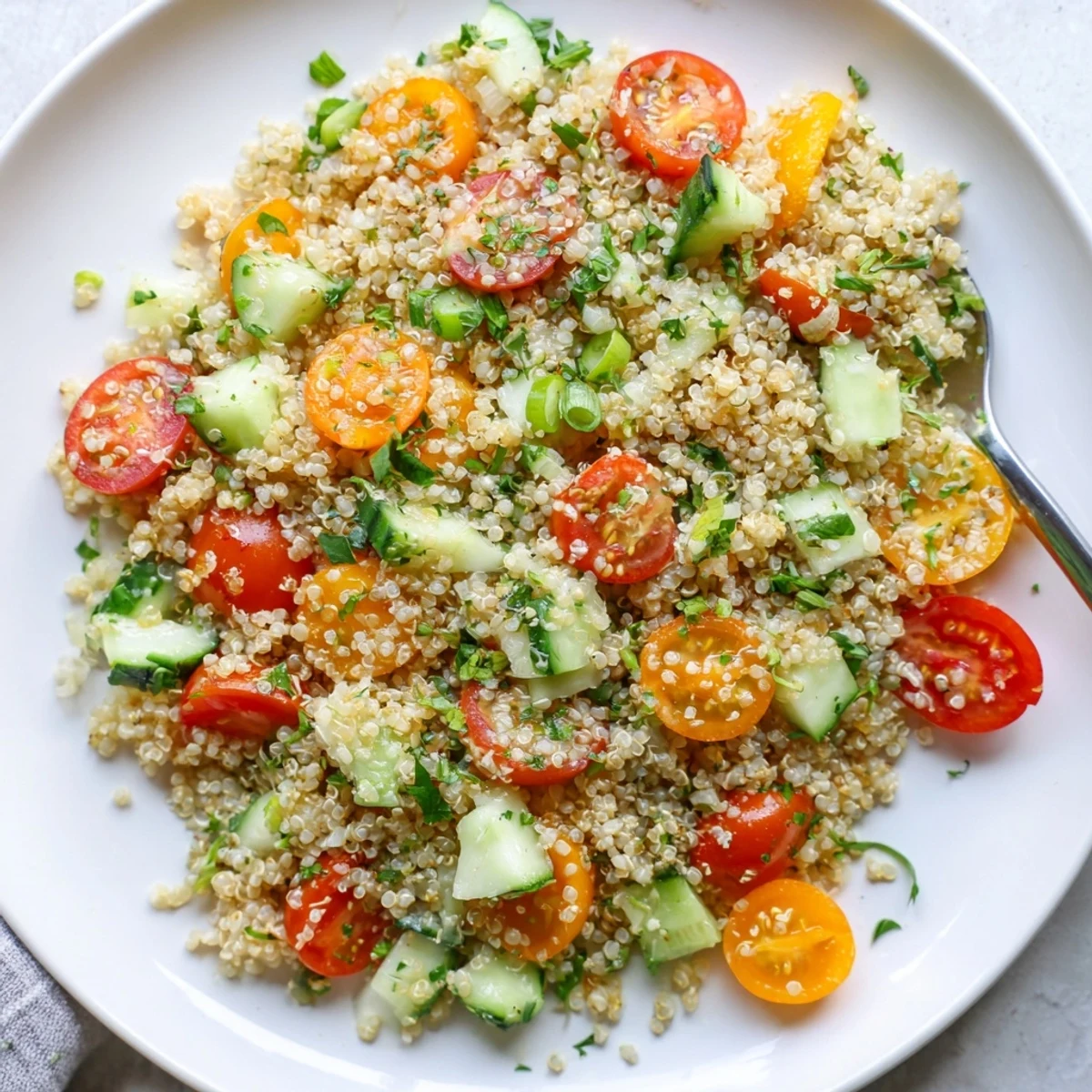 Bright lunch ready bowl of Citrus Herb Quinoa and Tomato Salad with cucumber