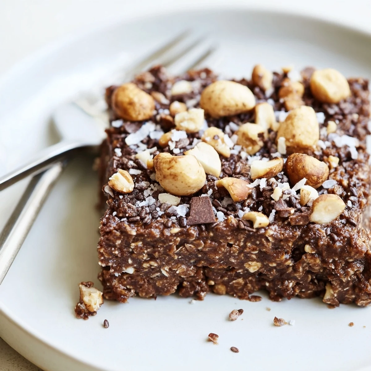 Slightly sticky Cocoa Hazelnut Coconut Chia Treat bars with toasted coconut aroma.