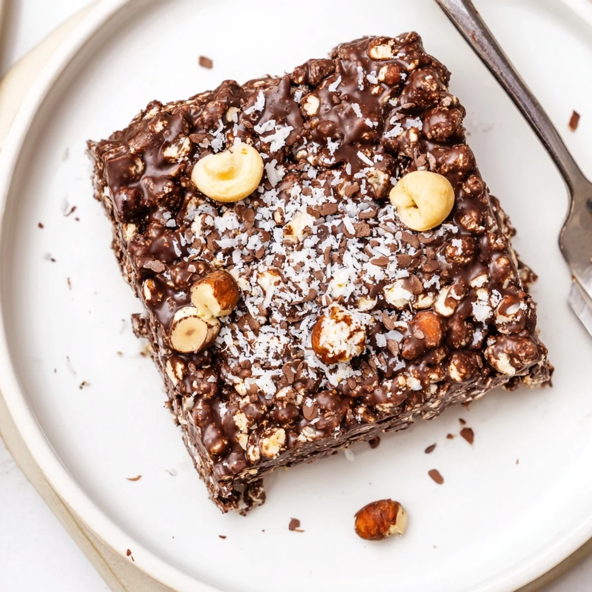 Cocoa Hazelnut Coconut Chia Treat squares for lunchbox, nutty, chewy, chocolatey bite.