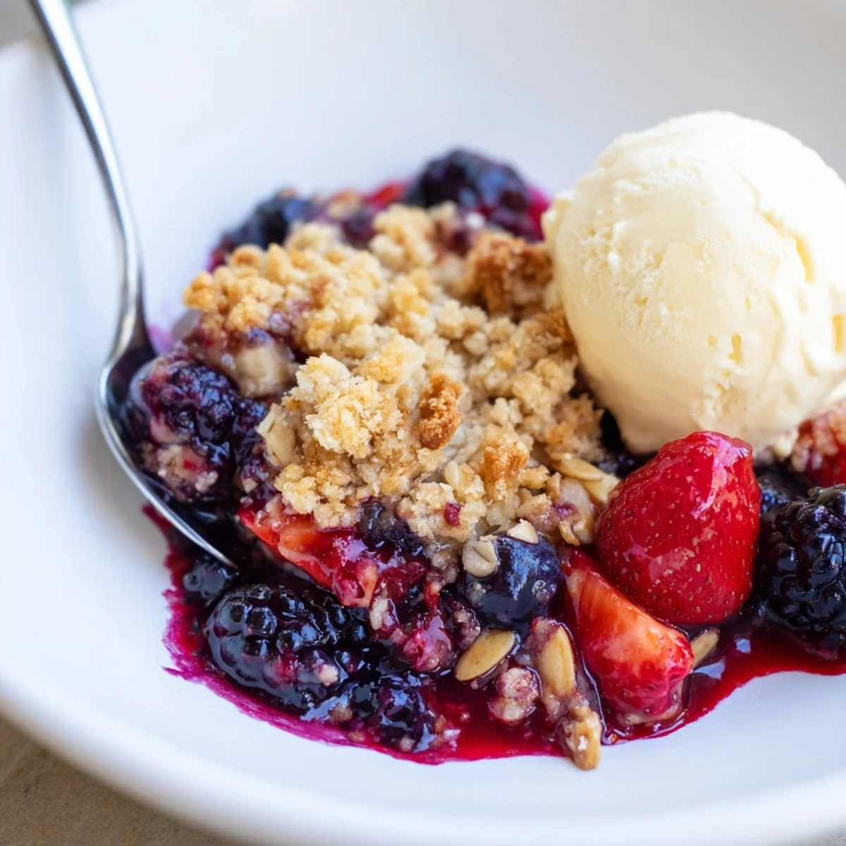 Warm Vanilla Almond Berry Crumble bubbling in a golden baking dish, spoon ready