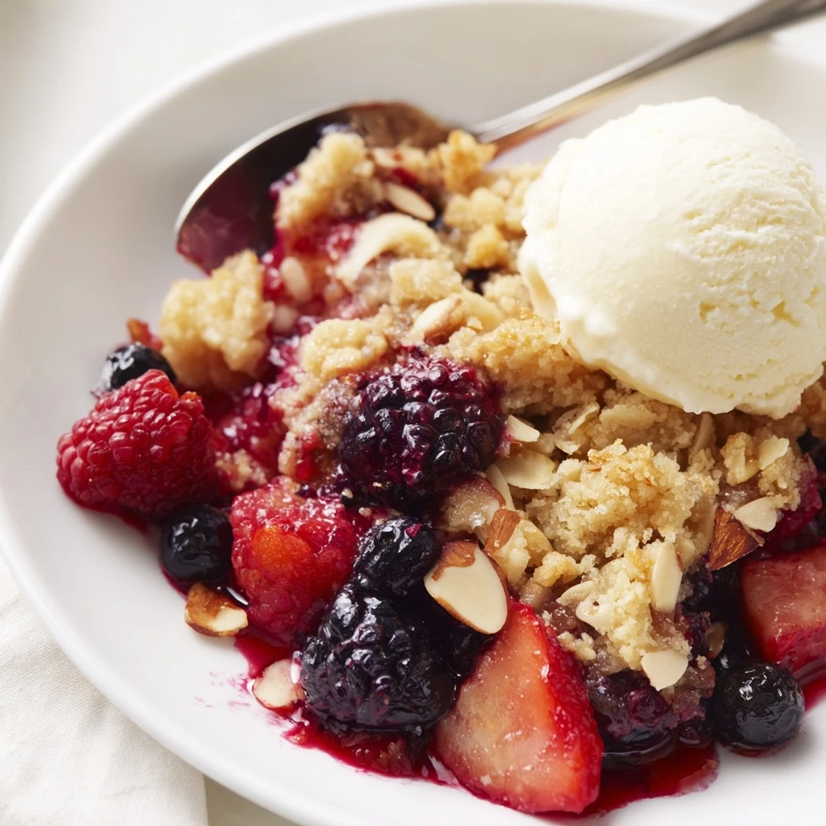 Served in bowls with Vanilla Almond Berry Crumble topped with melting vanilla ice cream