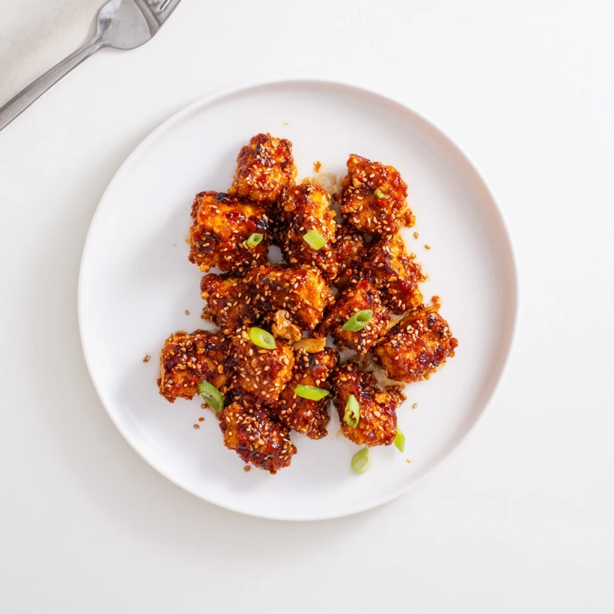 Crispy Chili Maple Tofu Clusters glistening with sticky glaze and sesame seeds