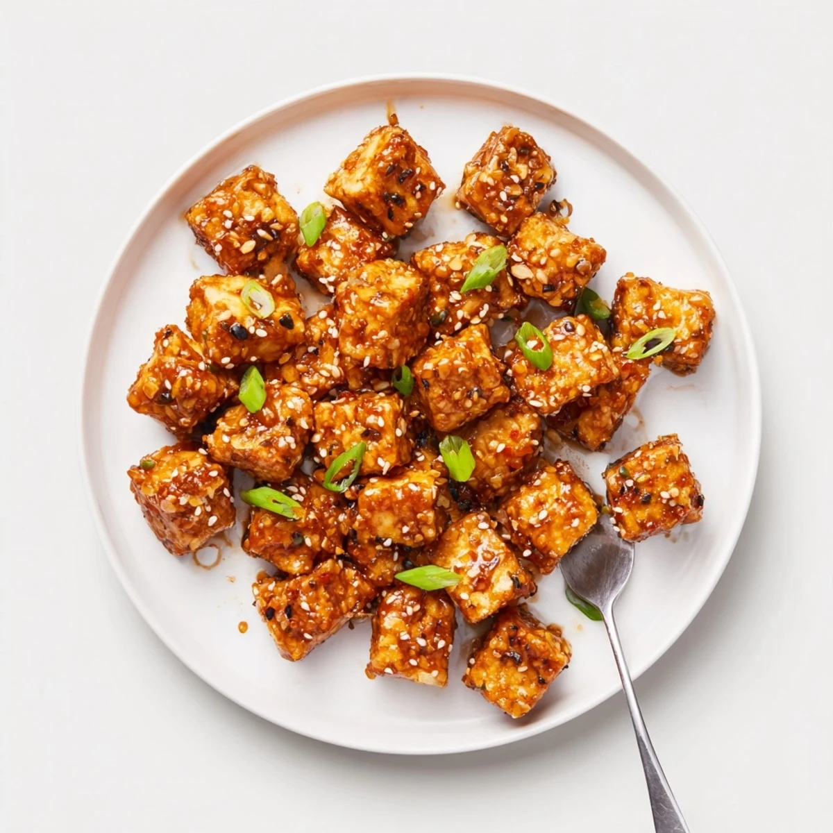 A plate of Crispy Chili Maple Tofu Clusters topped with green onions