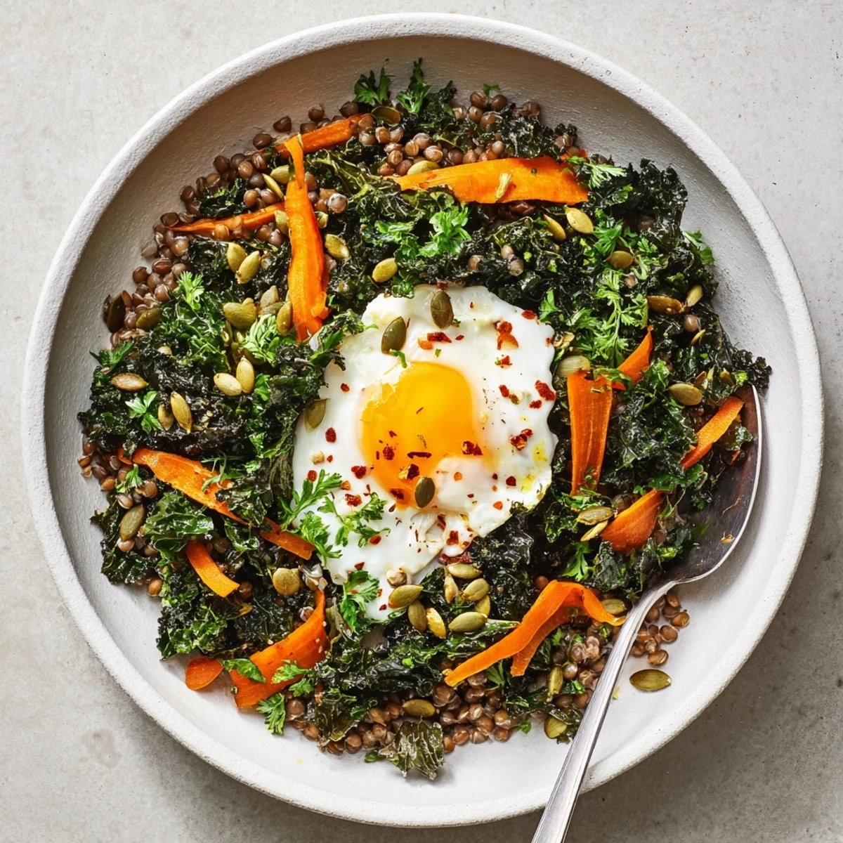 Warm buckwheat breakfast bowl topped with sautéed kale, julienned carrots, and a golden fried egg