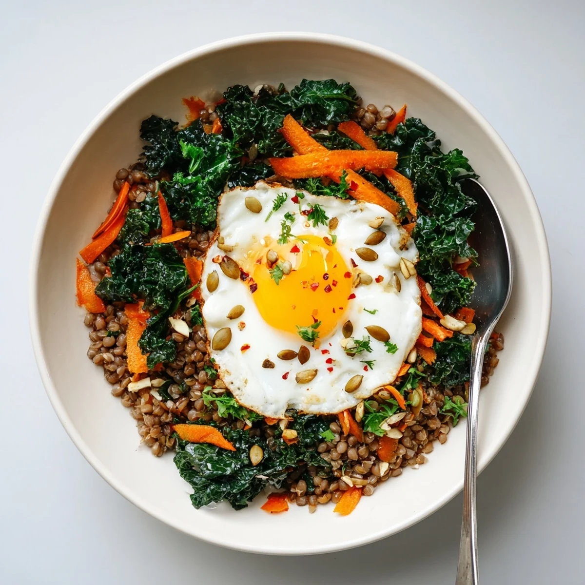 Hearty kale and carrot buckwheat breakfast bowl sprinkled with toasted pumpkin seeds and fresh herbs