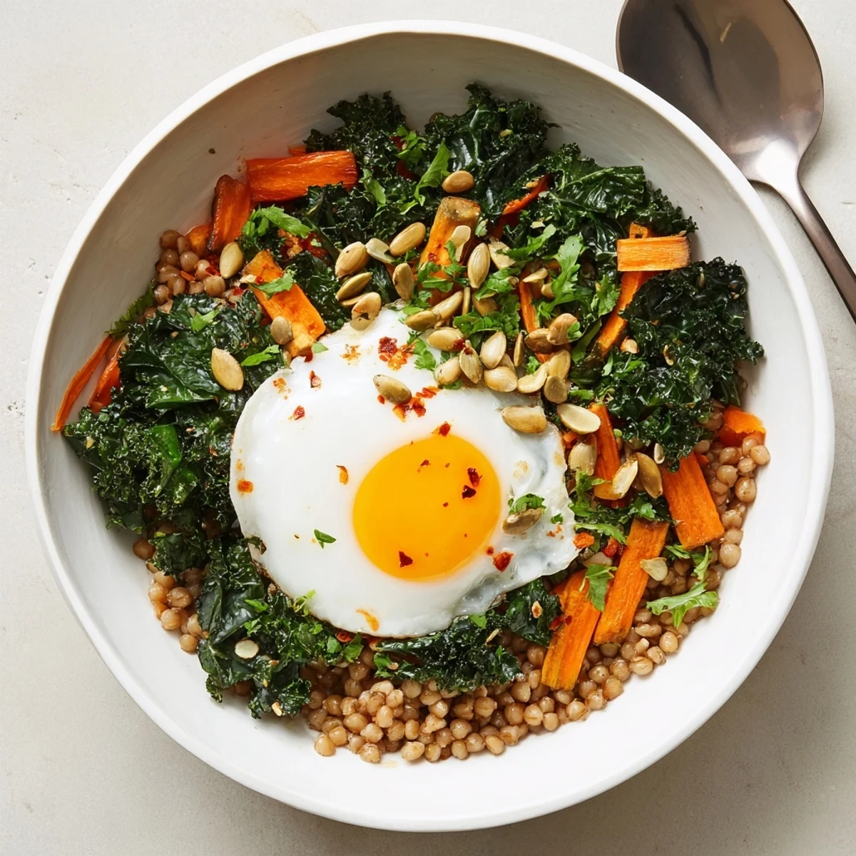 Vibrant vegetarian buckwheat breakfast bowl featuring wilted greens, sweet sautéed carrots, and a runny egg