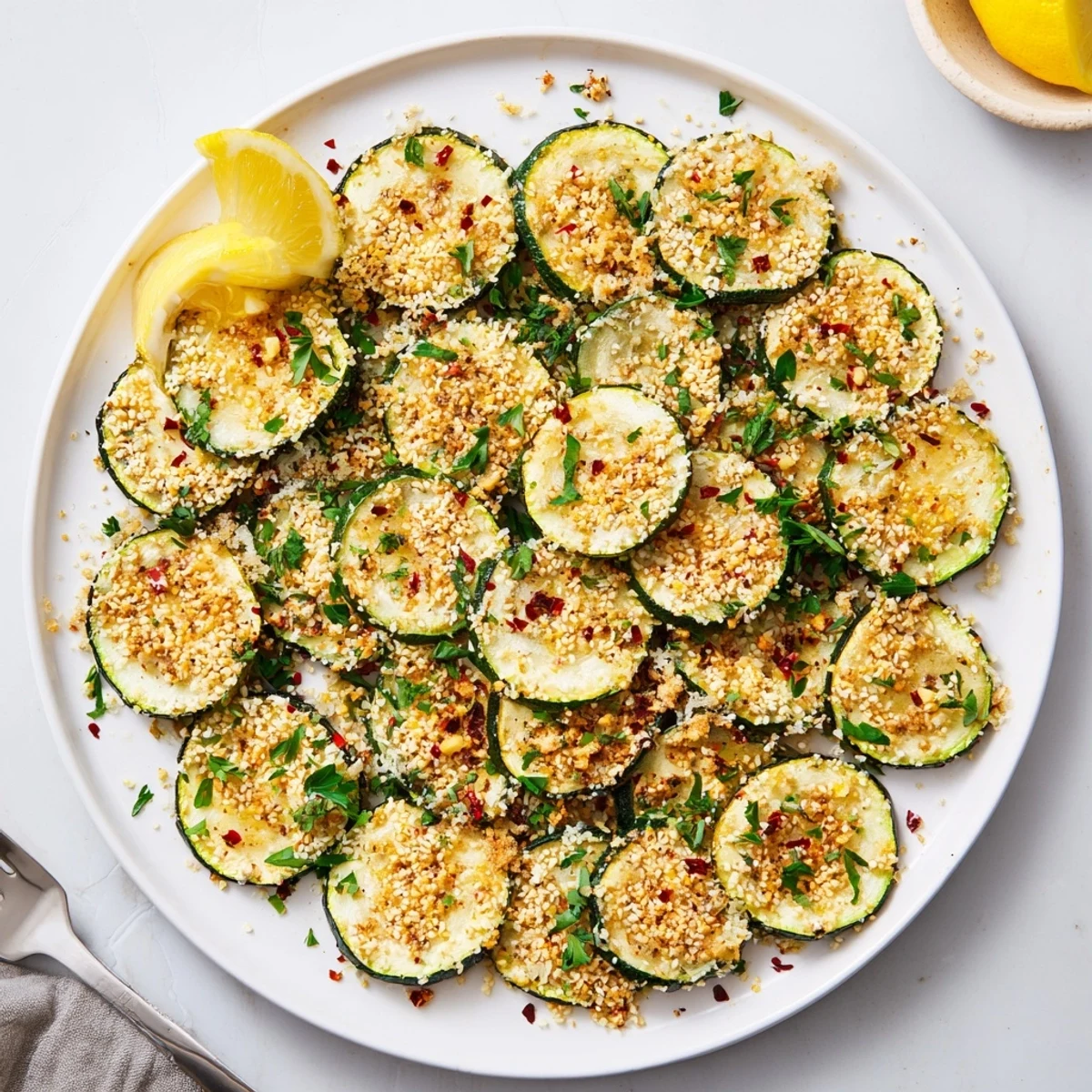 Golden roasted zucchini with garlic sesame crunch sprinkled on a rustic serving platter