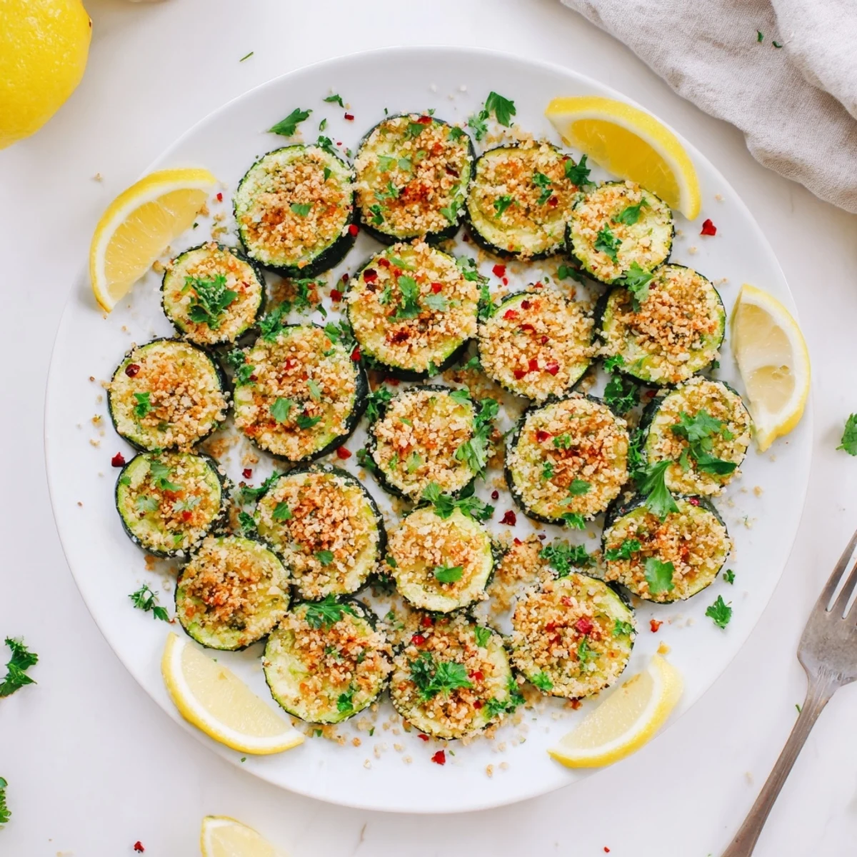 Crispy garlic sesame crunch coating tender oven-roasted zucchini rounds fresh from the baking sheet