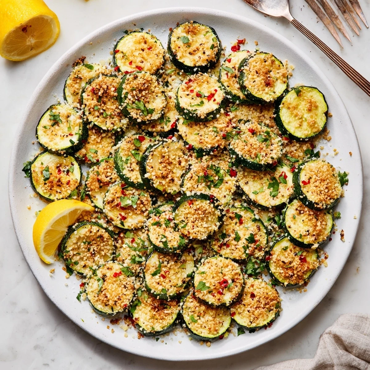 Roasted zucchini with garlic sesame crunch garnished with parsley and bright lemon wedges