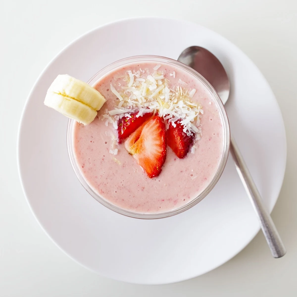 Thick strawberry banana coconut smoothie poured into a glass topped with shredded coconut