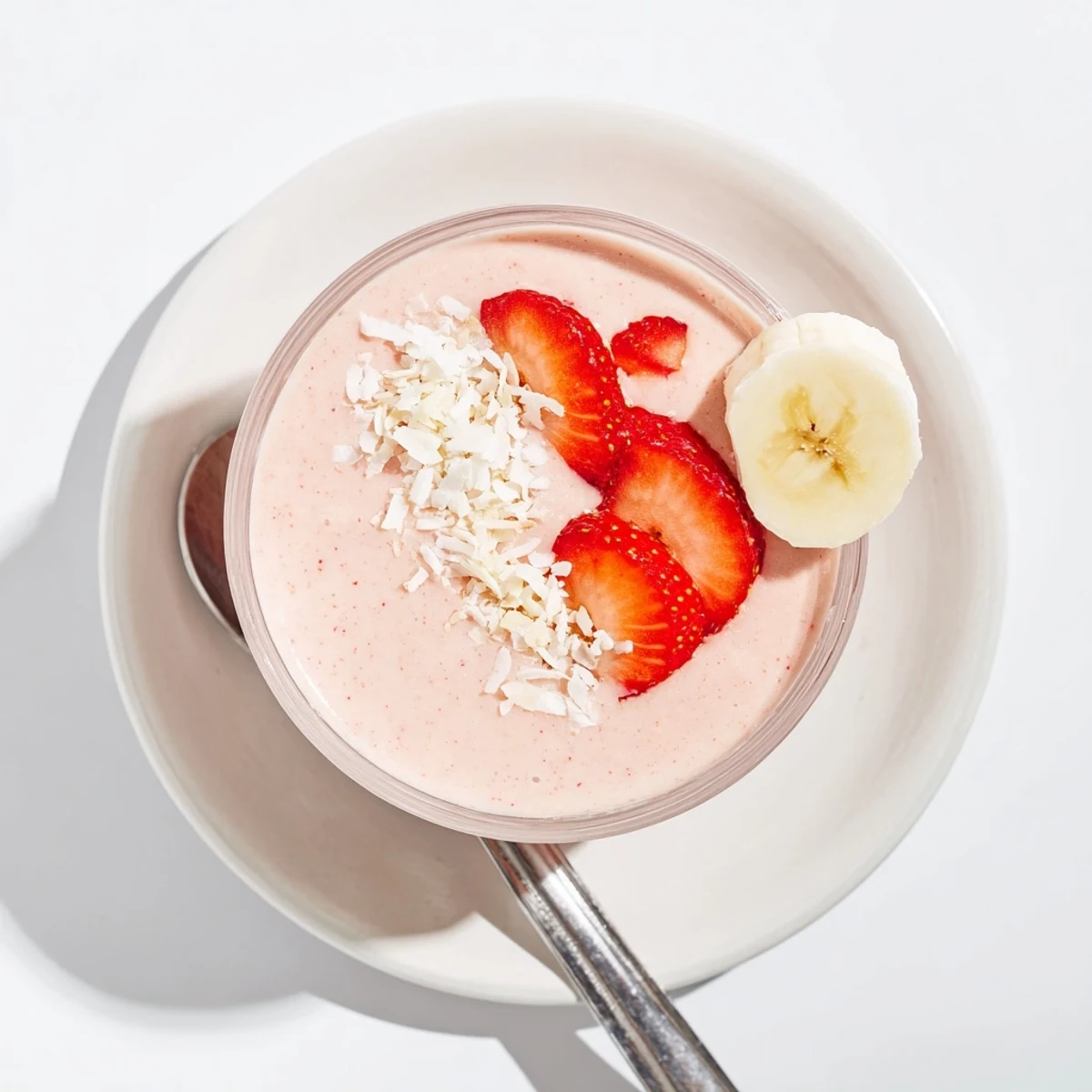 Creamy pink strawberry banana coconut smoothie served in two tall breakfast glasses