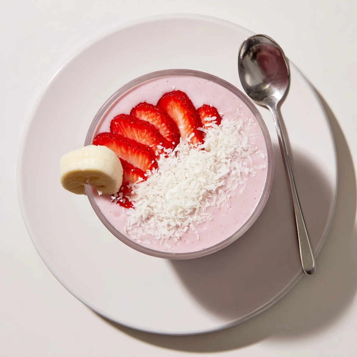 Refreshing strawberry banana coconut smoothie garnished with fresh strawberry slices and a striped straw
