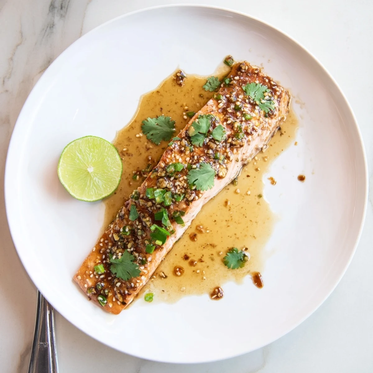Golden honey lime glazed salmon skillet with caramelized edges and fresh cilantro garnish