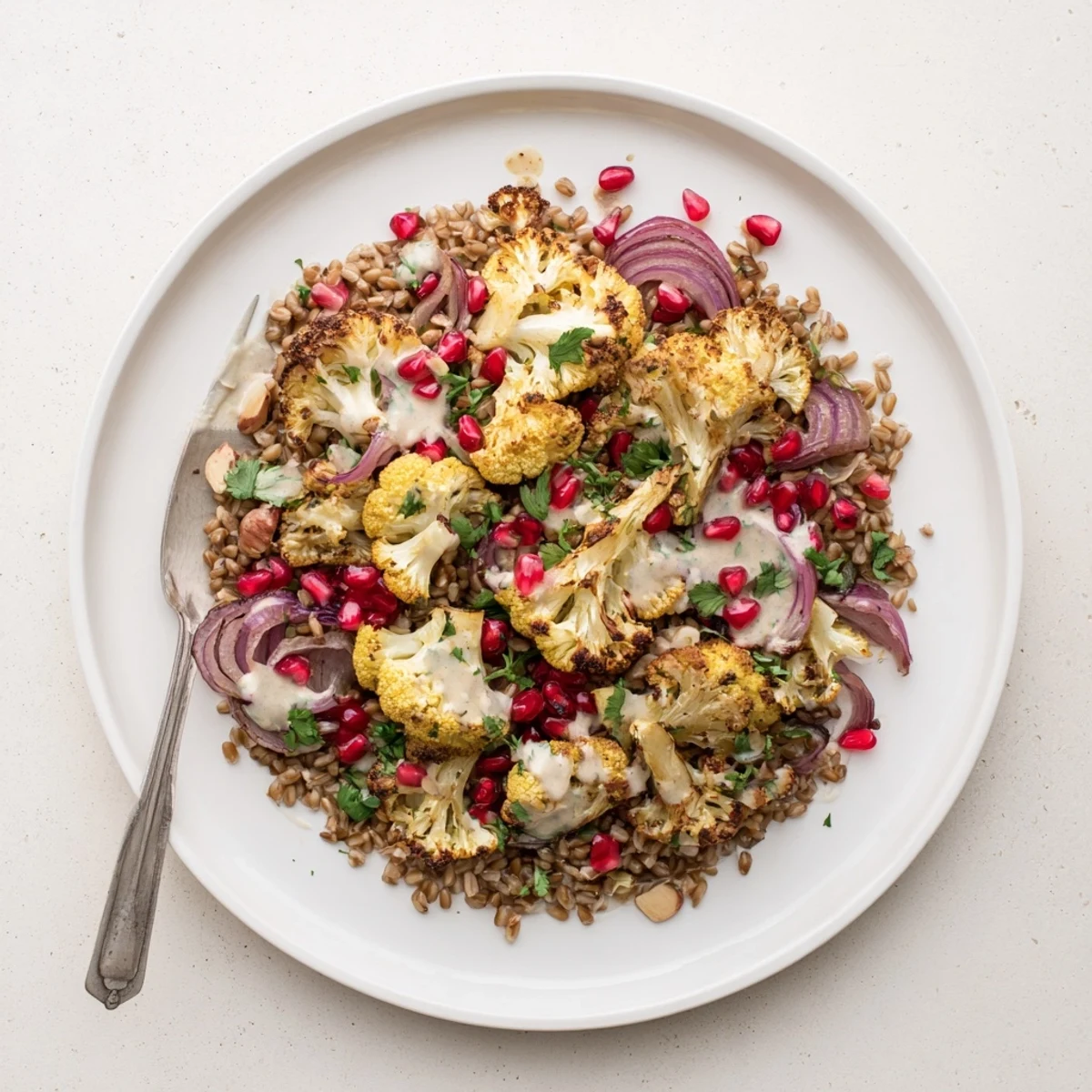 Warm farro and roasted cauliflower salad drizzled with creamy lemon-tahini dressing on a rustic plate