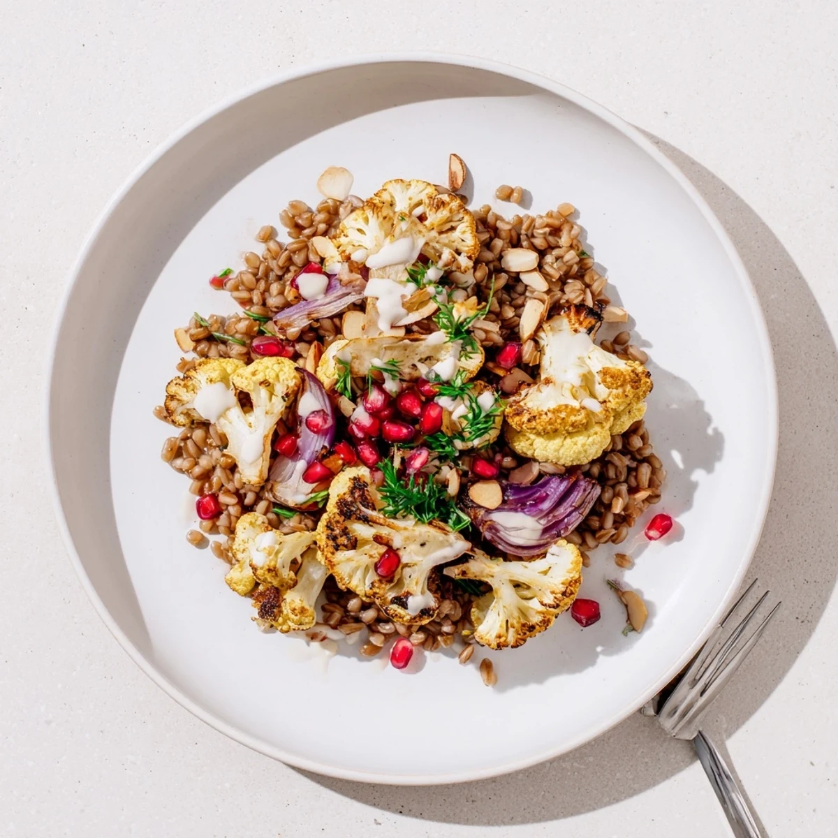 Golden roasted cauliflower and tender farro tossed with fresh parsley and pomegranate seeds