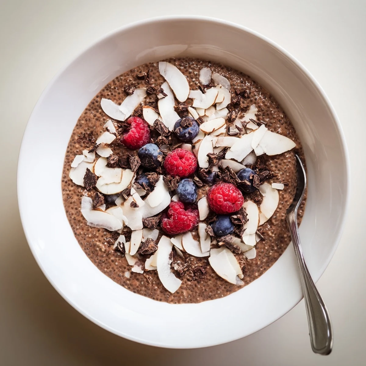 Creamy Cocoa Almond Coconut Chia Indulgence topped with toasted almonds and fresh berries in a glass jar