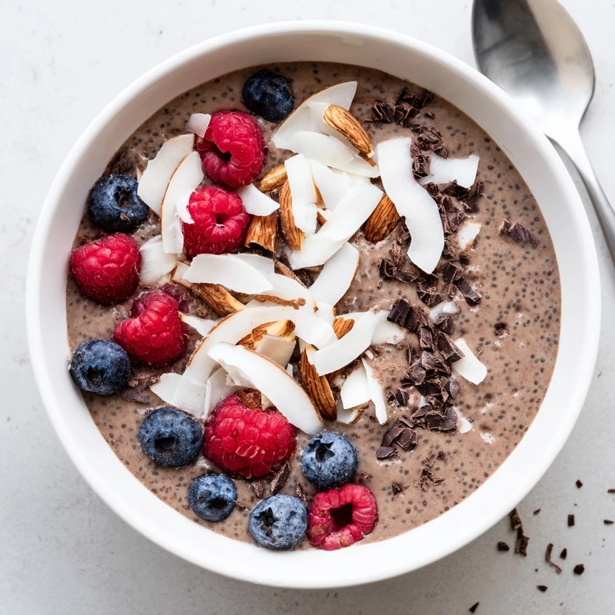 Rich chocolate chia pudding layered with shredded coconut and crunchy almonds in elegant serving glasses