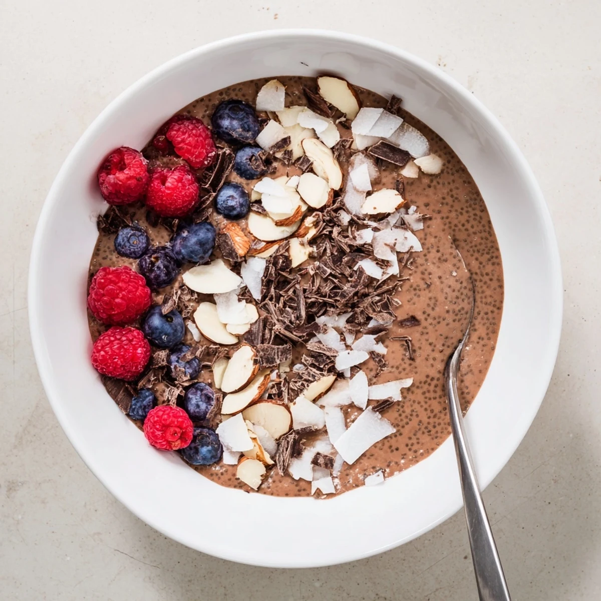 Velvety Cocoa Almond Coconut Chia Indulgence garnished with dark chocolate shavings and sliced toasted almonds