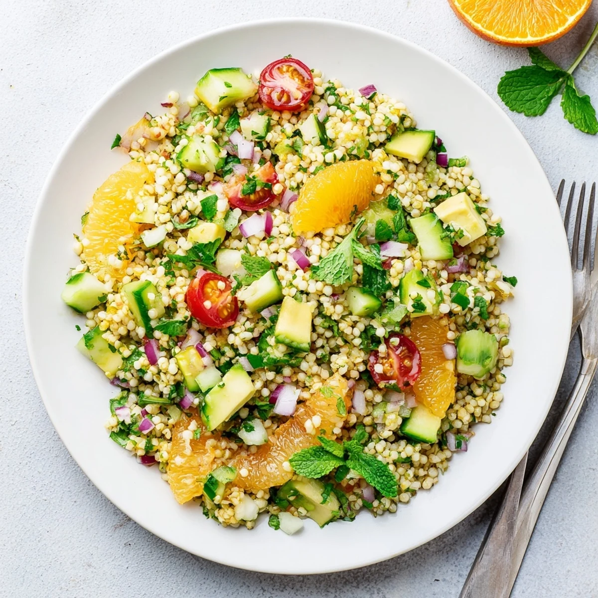 Zesty citrus vinaigrette drizzled over a colorful millet salad with ripe avocado slices