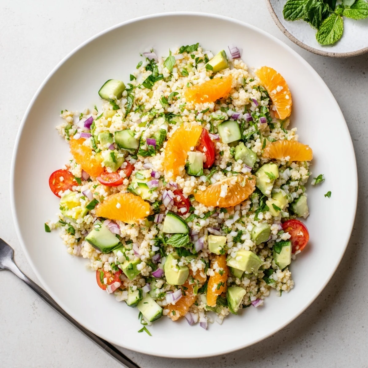 Creamy avocado and fluffy millet tossed with bright citrus segments and fresh herbs