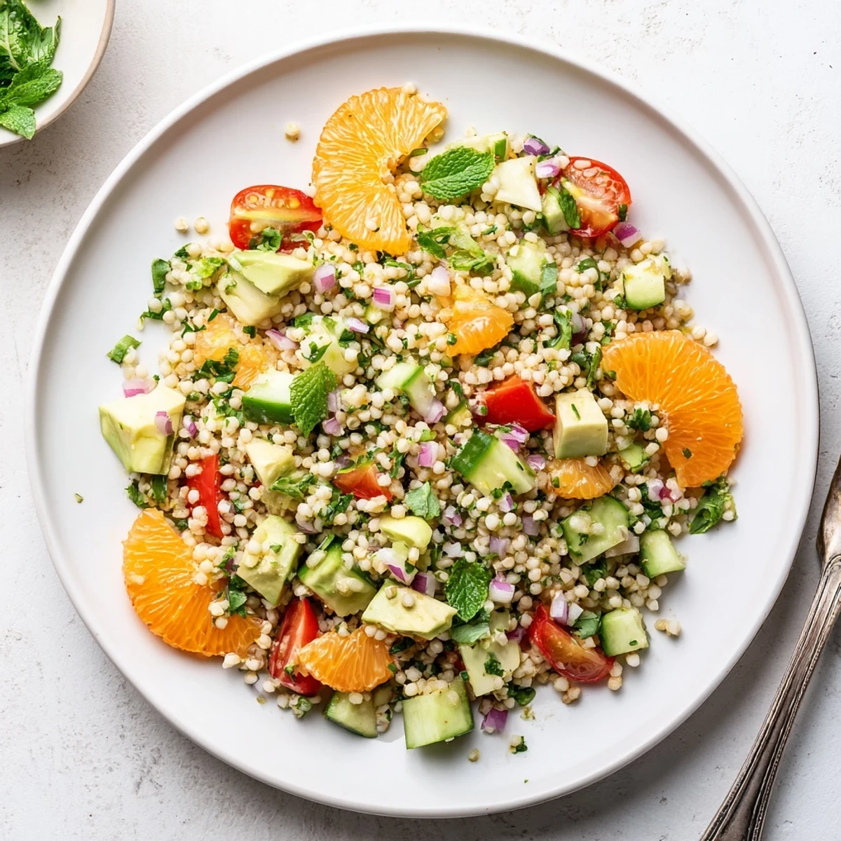 Vibrant Citrus Herb Millet and Avocado Salad served in a rustic wooden bowl