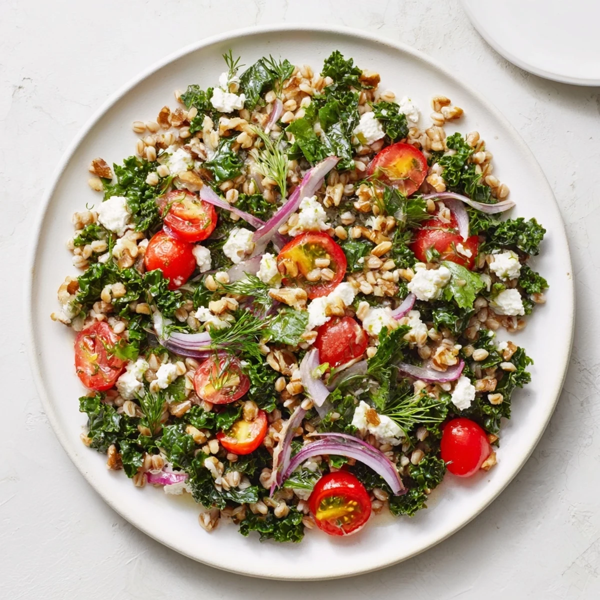 Colorful citrus herb barley and kale salad bowl with cherry tomatoes, red onion, and fresh green herbs