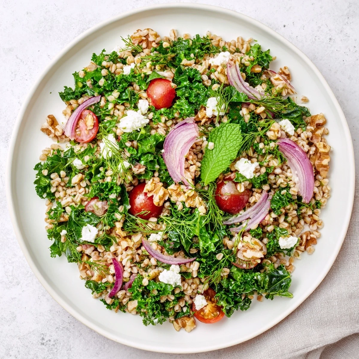Fresh citrus herb barley and kale salad featuring nutty grains and vibrant vegetables in a light vinaigrette
