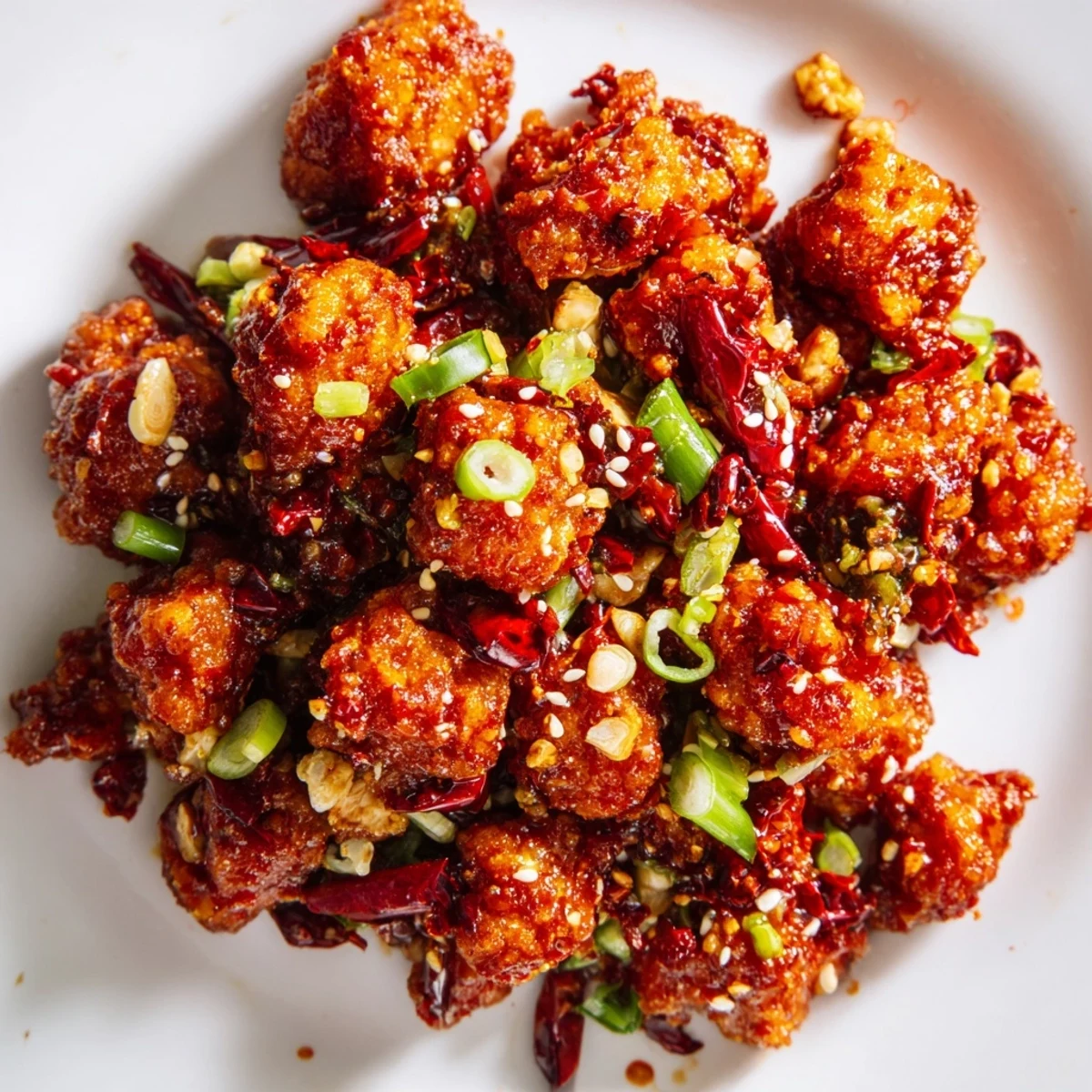 Golden crispy chili garlic tofu clusters glazed in spicy red sauce with sesame seeds