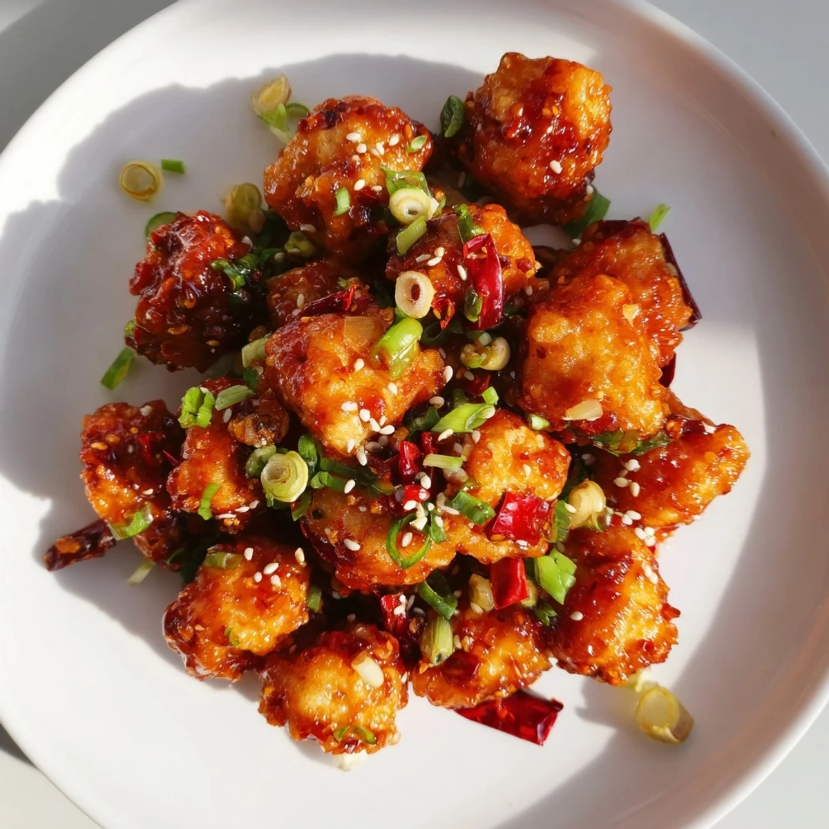 Vegan crispy chili garlic tofu clusters served on white plate with green onion garnish