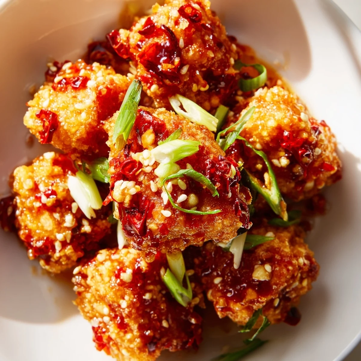Bite-sized crispy chili garlic tofu pieces coated in fiery sauce sprinkled with sesame seeds