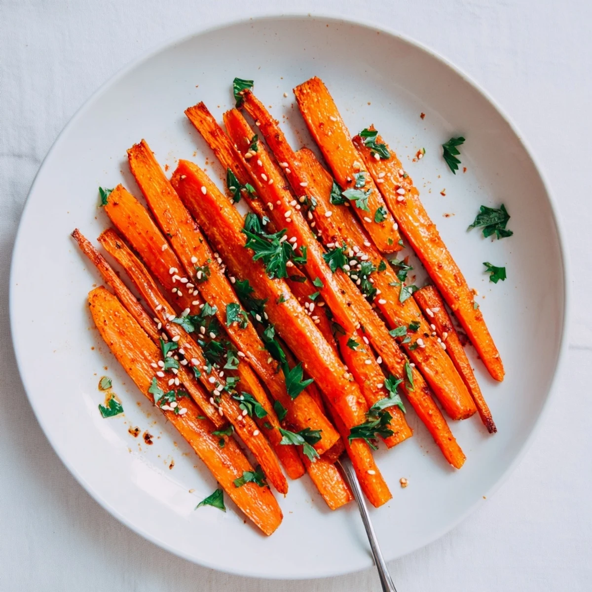 Golden brown smoky roasted carrot spears arranged on a white serving platter with fresh parsley garnish