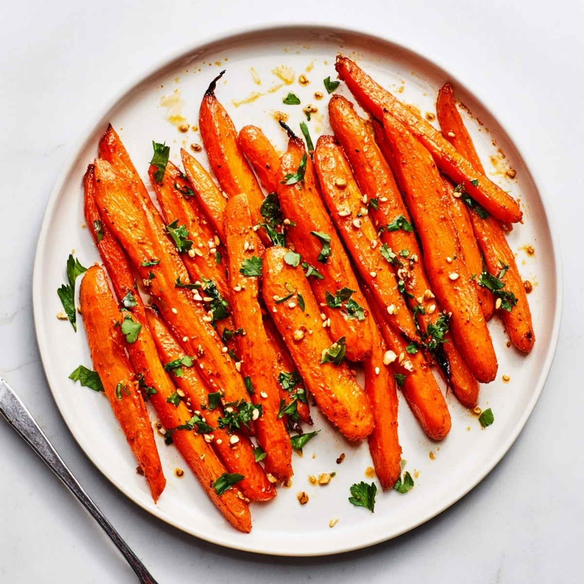 Colorful roasted carrot spears with sesame seed topping served as a healthy modern American side dish