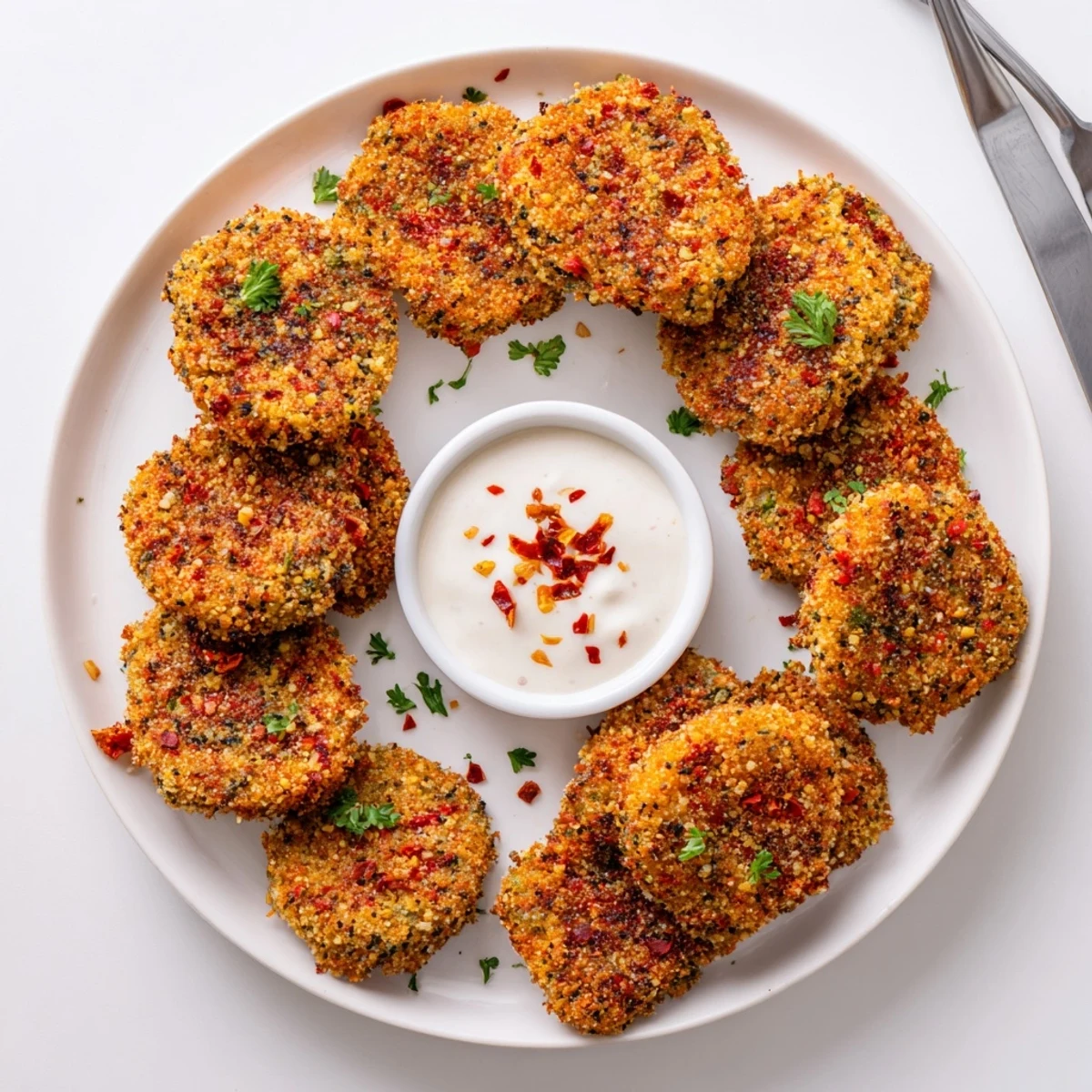 Golden crispy chili garlic chickpea nuggets plated with a vibrant red dipping sauce