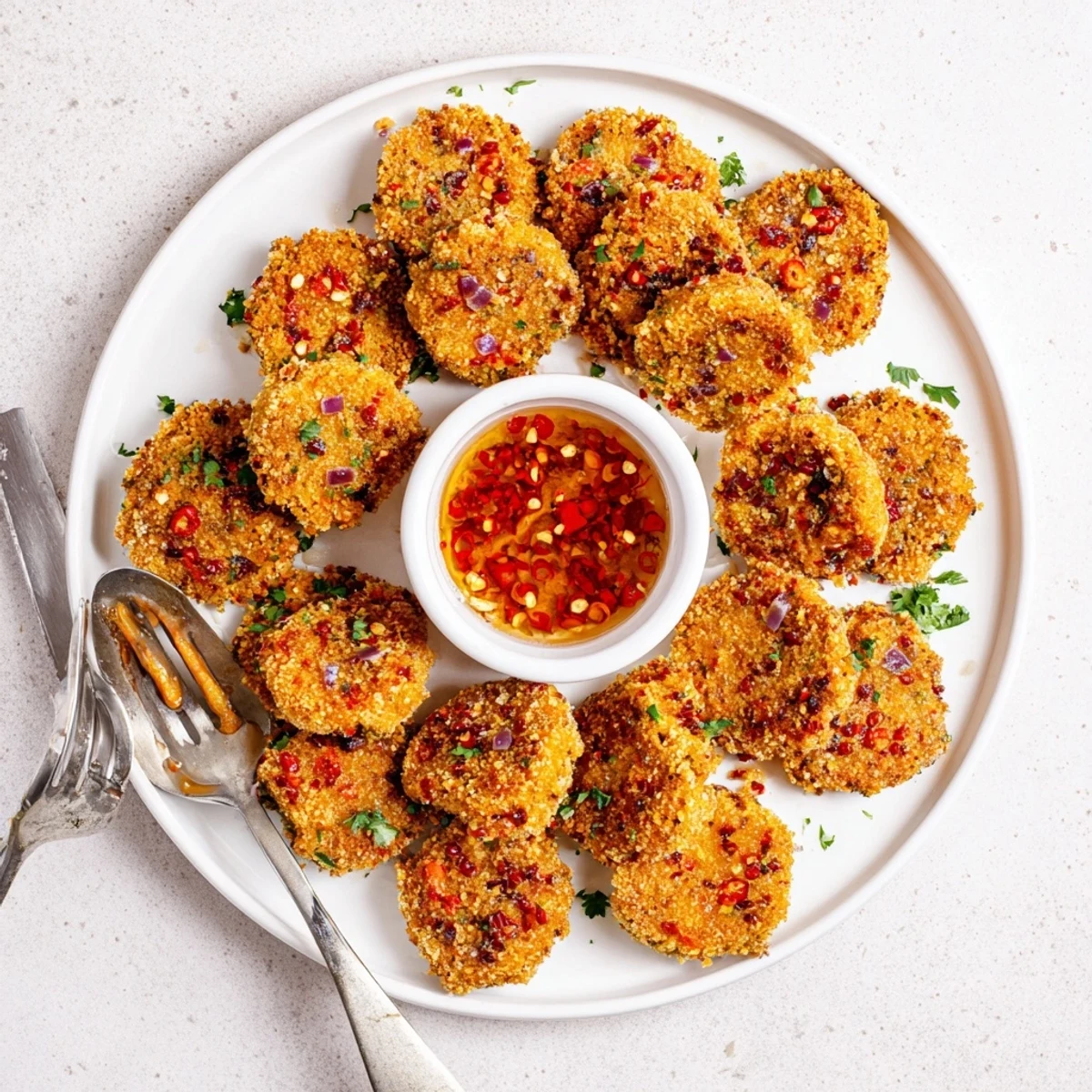 Perfectly browned crispy chili garlic chickpea nuggets arranged alongside a tangy sauce
