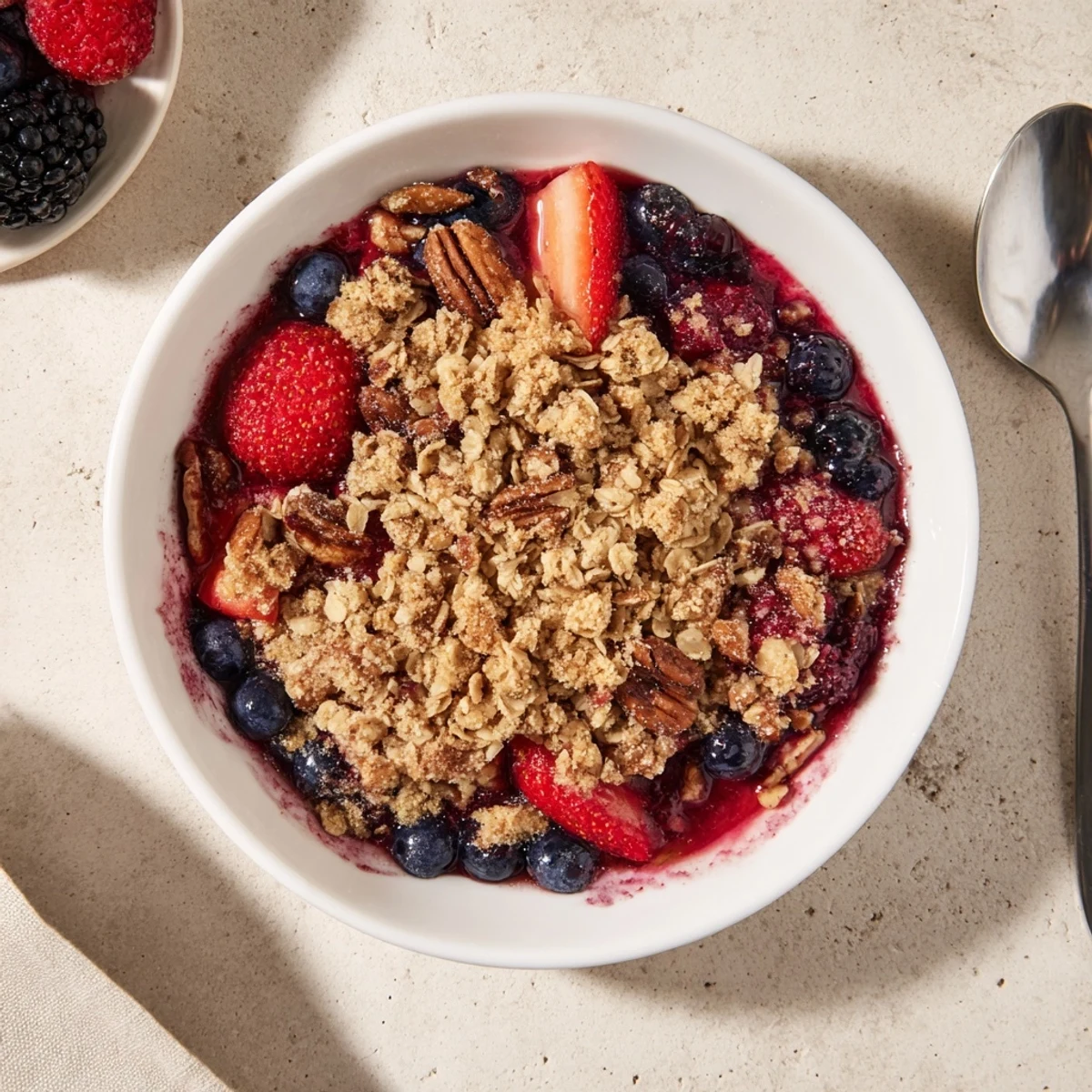 Golden oat-crusted vanilla maple berry crisp bubbling fresh from the oven