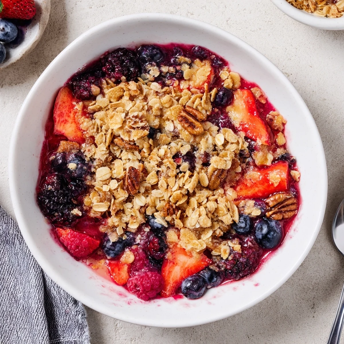 Juicy mixed berries glistening under a buttery crumble in this vanilla maple berry crisp