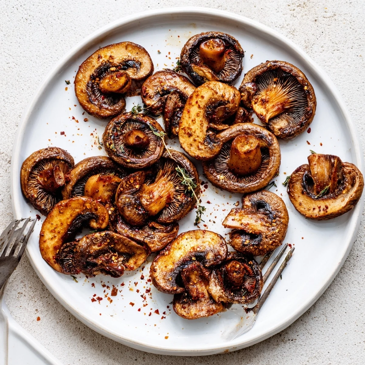 Golden smoky roasted mushroom slices with crisp edges on a parchment-lined baking sheet